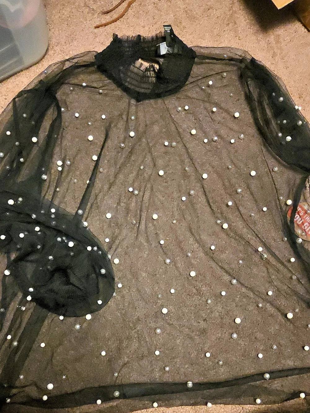 Ann Taylor Beaded Sheer Long Sleeve Top in Black Like New